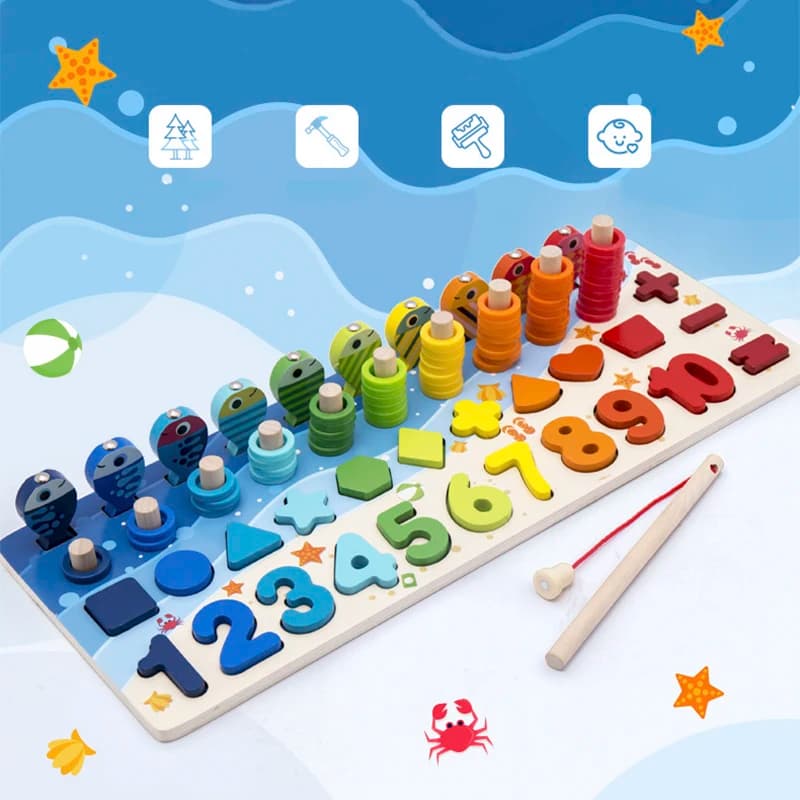 3D Wooden Blocks Children's Montessori Ocean Style Magnetic Fishing Board Game Number Shape Matching Blocks Educational Toys