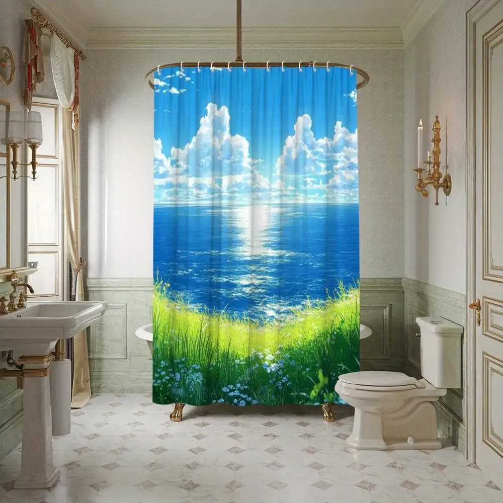 Large Ocean View Tropical Landscape Shower Curtain Polyester Waterproof Resort Bathroom Decor Coastal Blue Sky Design