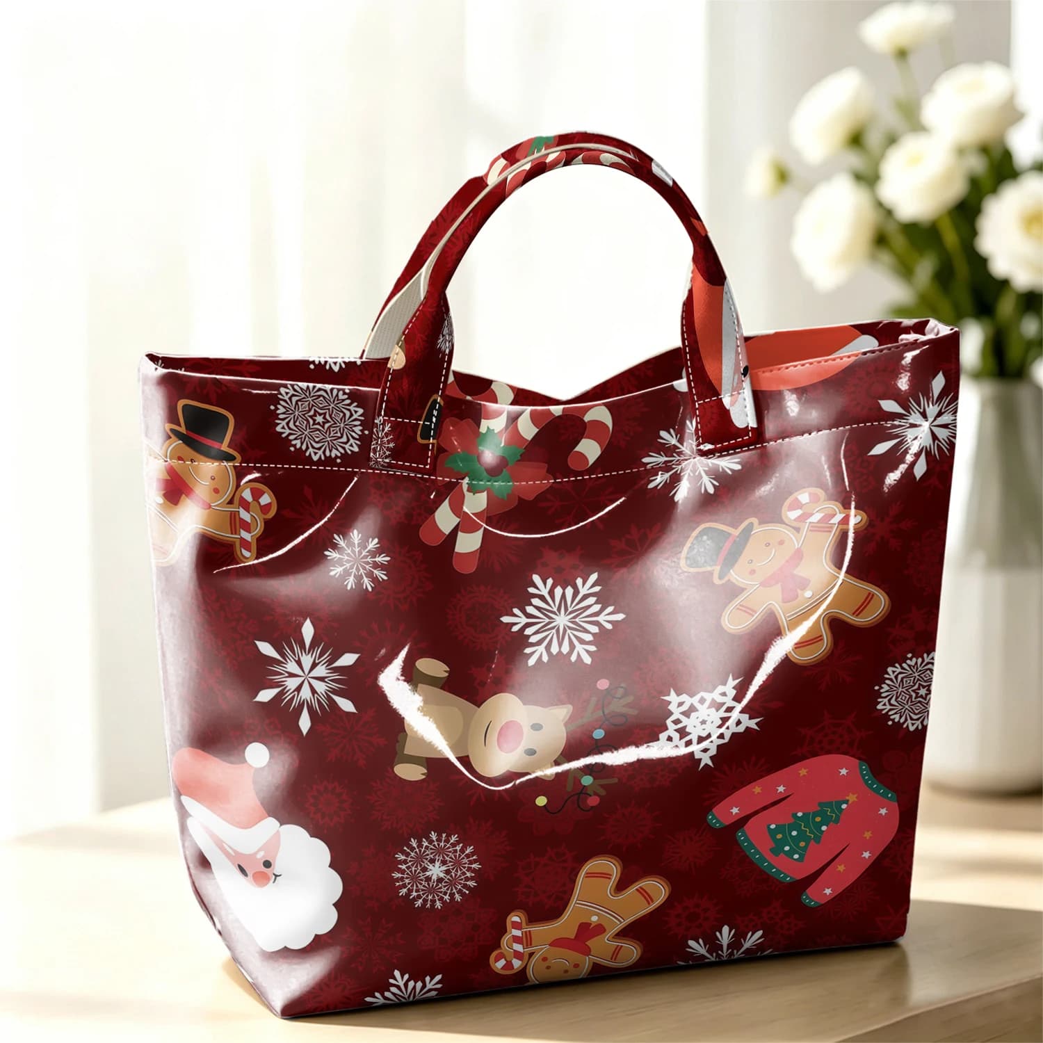 Xmas Mix Stylish Large Glossy PVC Tote Bag Washable Waterproof Durable Ideal for Travel Commute Cosmetics Books Handbags