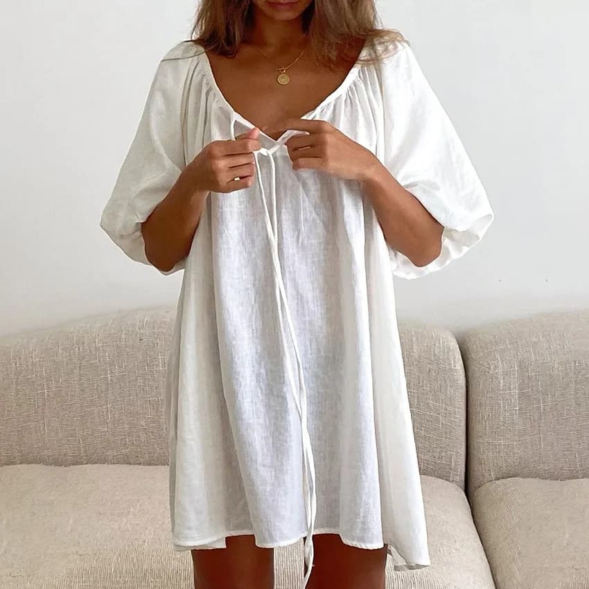 Camicia da Notte Bianca con Scollo a V in Cotone, Vestito da Notte a Maniche Corte, Abbigliamento Casual per Casa, Traspirante