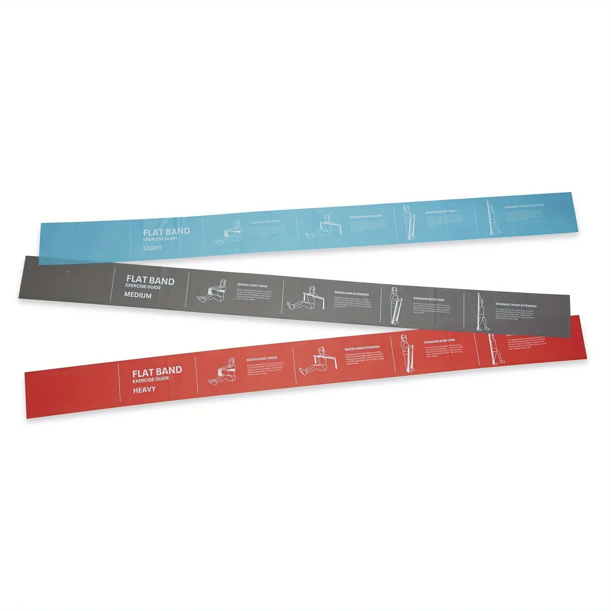 Pack of 3 flat bands: light, medium and heavy resistance bands for physical therapy, home workouts and strength training.