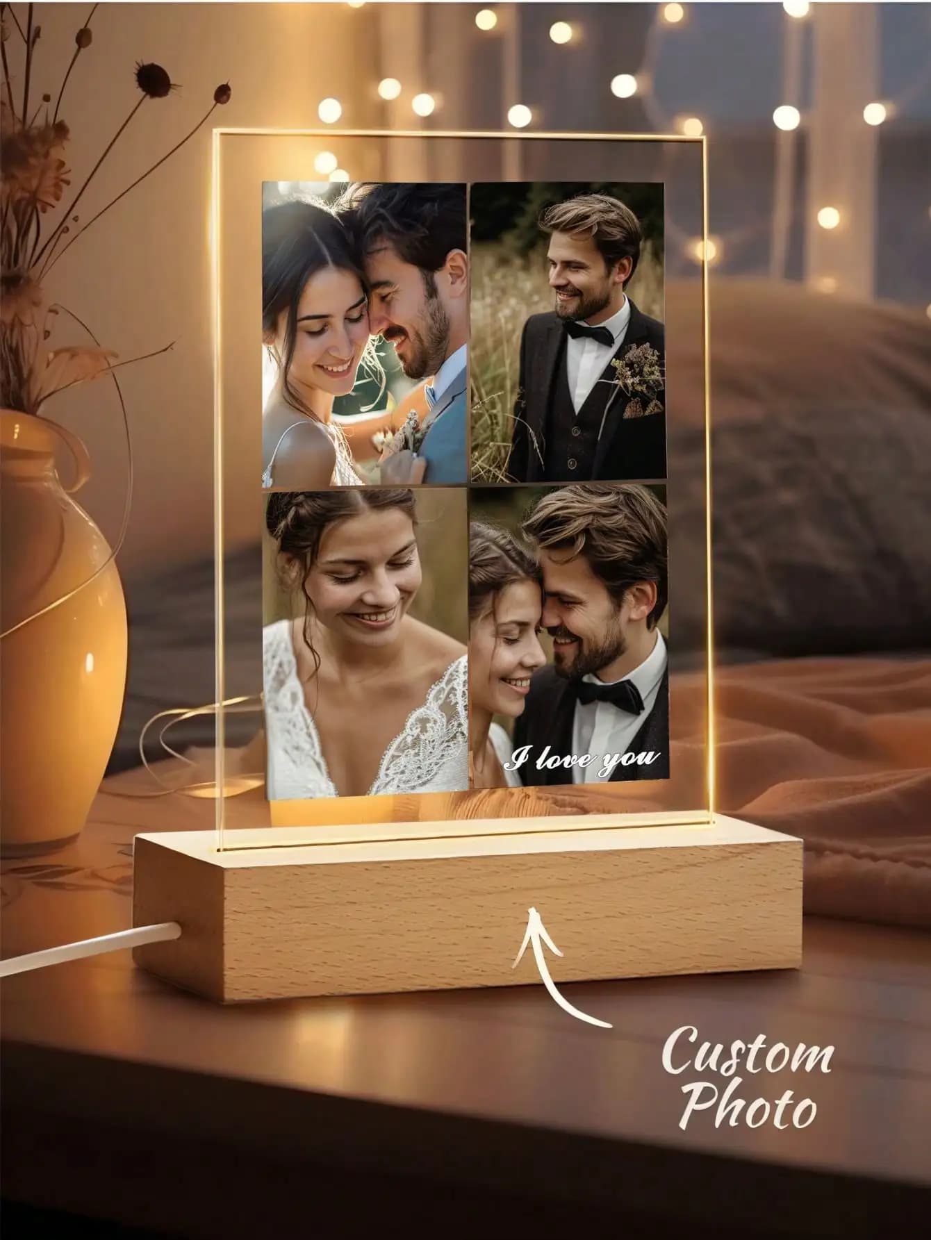 Luce notturna a LED con foto personalizzata per collage di coppie da 4 pezzi, luce notturna in acrilico personalizzata con foto e testo, lampada fotografica personalizzata