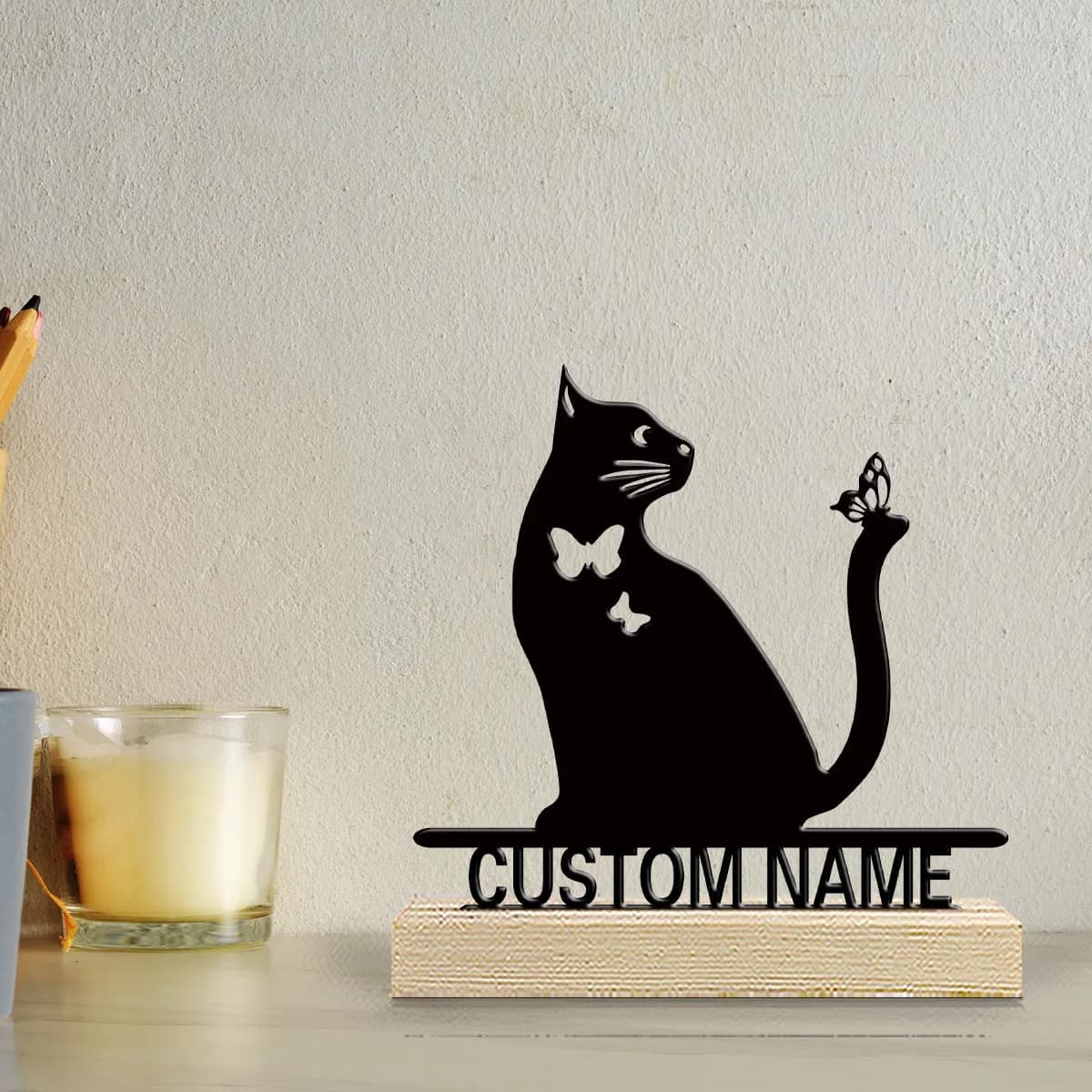 1pc Customizable Metal Desktop Ornaments Customizable Content Equipped with Wooden Base Festival Ornaments and Decorations