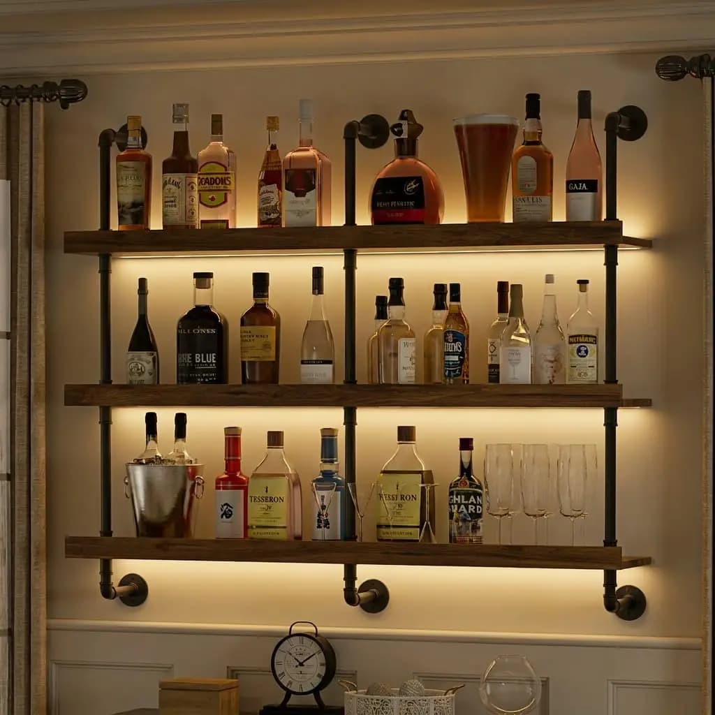 Wall Mounted Wine Rack With LED Light Three Tier Floating Bar Shelf For Liquor Bottle Display Storage Modern Wine Holder Organizer For Kitchen Home Bar Dining Room Black