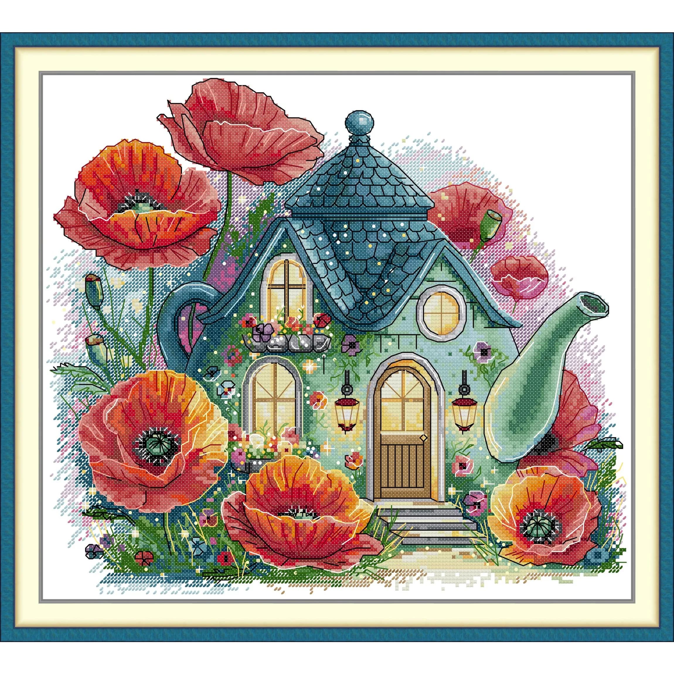Soulgift News Pre-Printed Cross Stitch Kit, Stamped Aida Fabric with DMC Threads, Embroidery Kit - The Flower Teapot Cottage