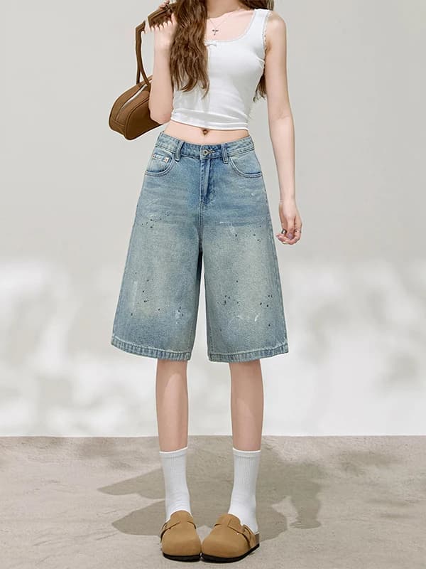 American Style Splashed Ink Wide Leg Jeans Women's Summer New Thin Seven-Five Straight Loose Shorts Casual High Waist Denim