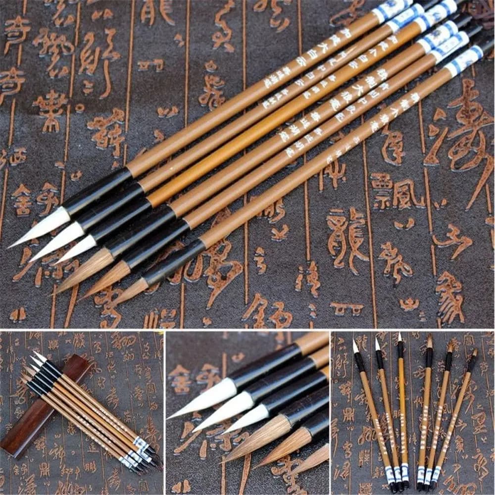 6Pcs/Set Bamboo Calligraphy Brush Clouds White Wolf's Hair Painting Brush Traditional Chinese Calligraphy Practice Writing Brush