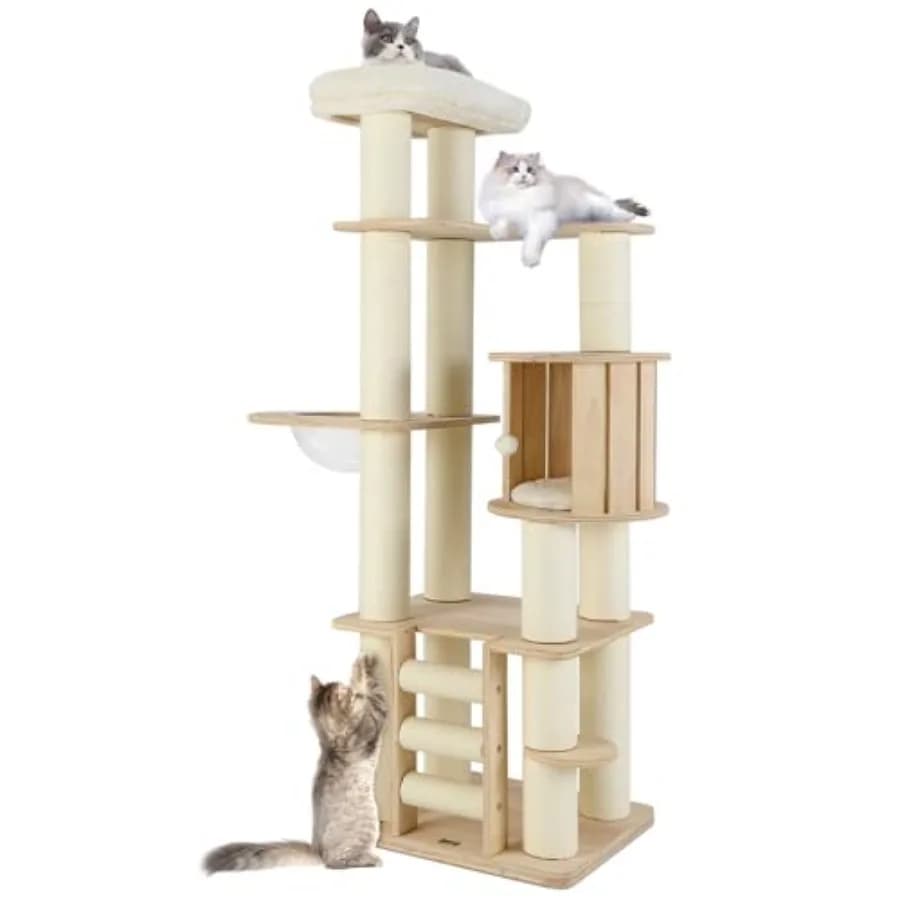 Albero per Gatti in Legno a 71 Livelli con Tiragraffi, Posti Sosta, Cuccia, Capsula Spaziale, Scala, Pallina Pendente e Cuscini Lavabili - Design Moderno
