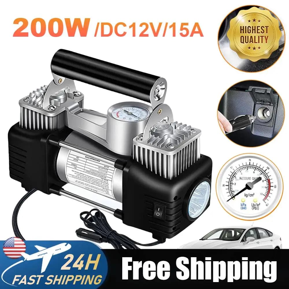 Compressore d'aria portatile 12V a doppio cilindro per auto e camion, gonfiatore pneumatici 150PSI, pompa per gonfiaggio auto e palloni