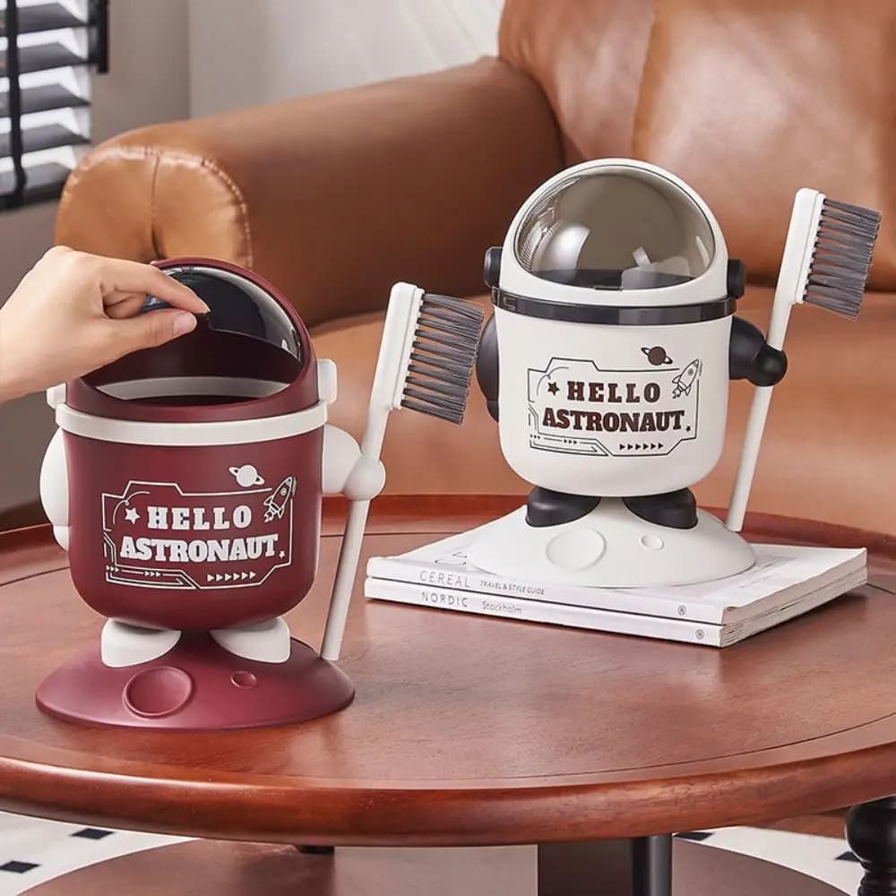 Simpatico pattumiera creativa per astronauta con coperchio Pattumiera da tavolo per cartoni animati con spazzola per la pulizia Mini pattumiera durevole