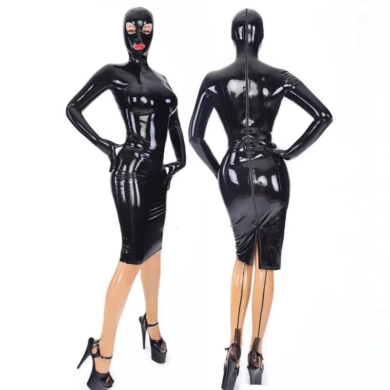 Guanti maschera abito a maniche lunghe neri da donna in lattice di gomma attaccati con costumi fatti a mano con coppa del seno 3D