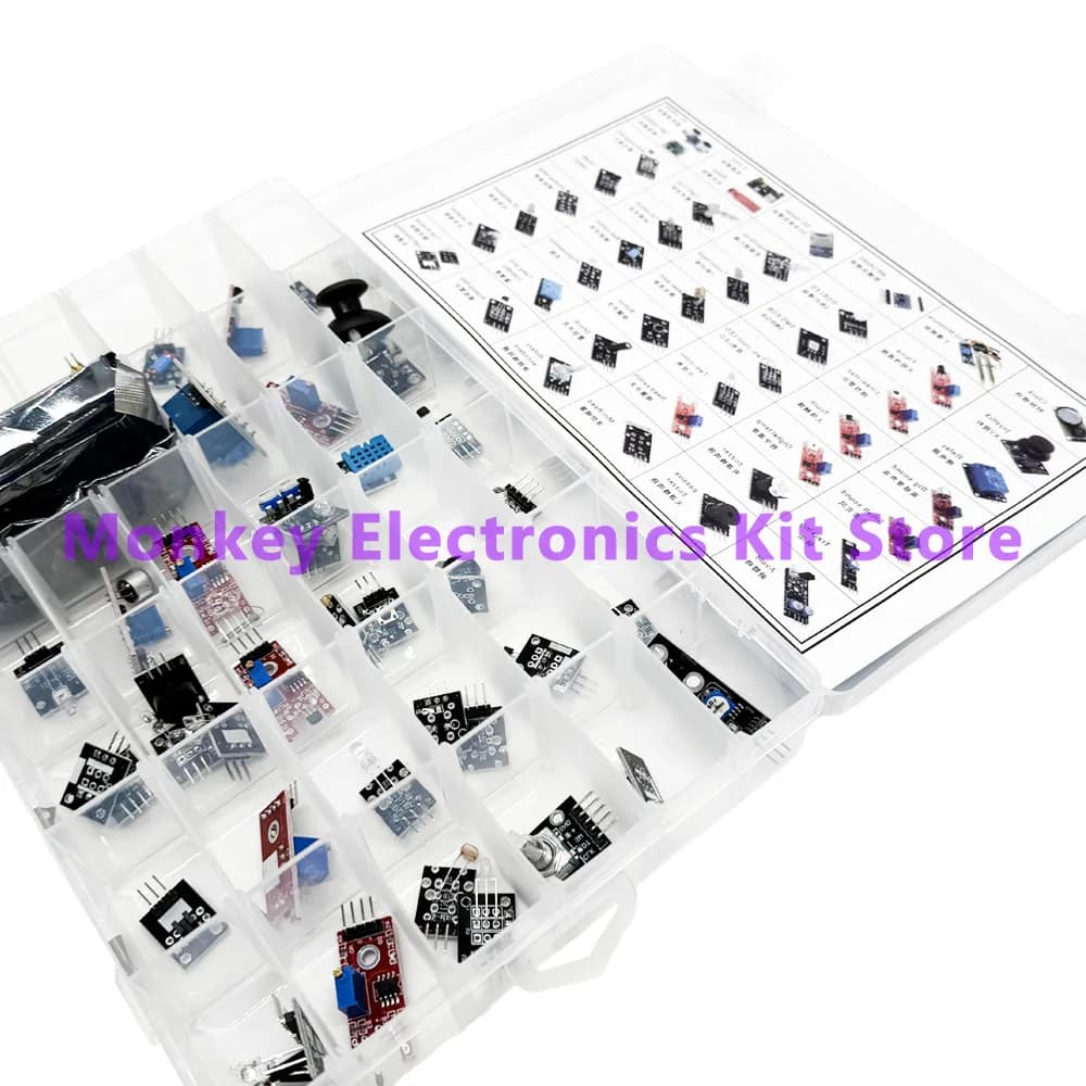 Sensor Modules 45 in 1 and 16-type initial kit for Arduino Raspberry Pi, better than 37 in 1 with DIY box UNO R3 MEGA2560
