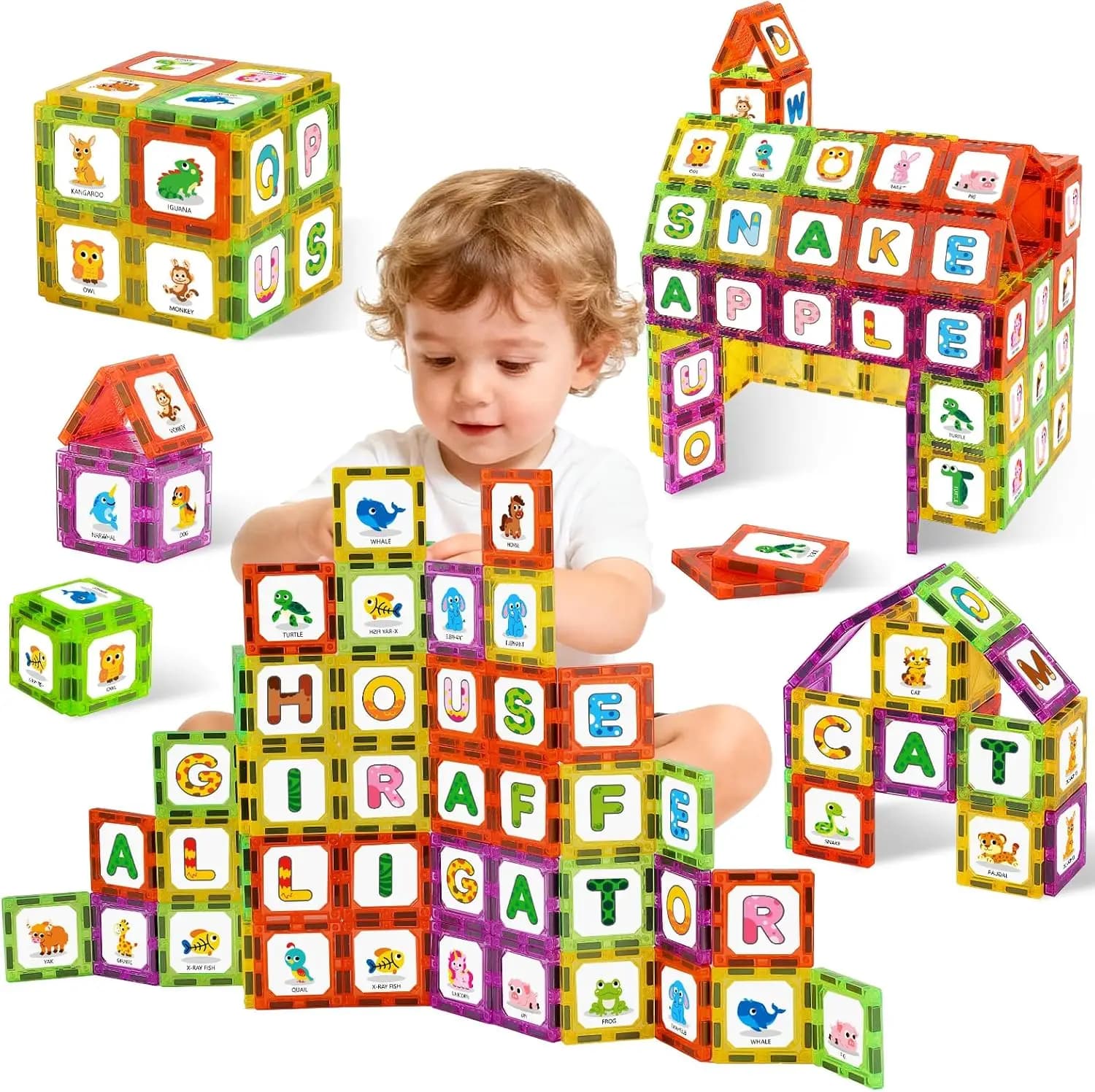 Gioco Educativo di Impilamento con Alfabeto Magnetico a Tema Animali per Bambini, 48 Pezzi