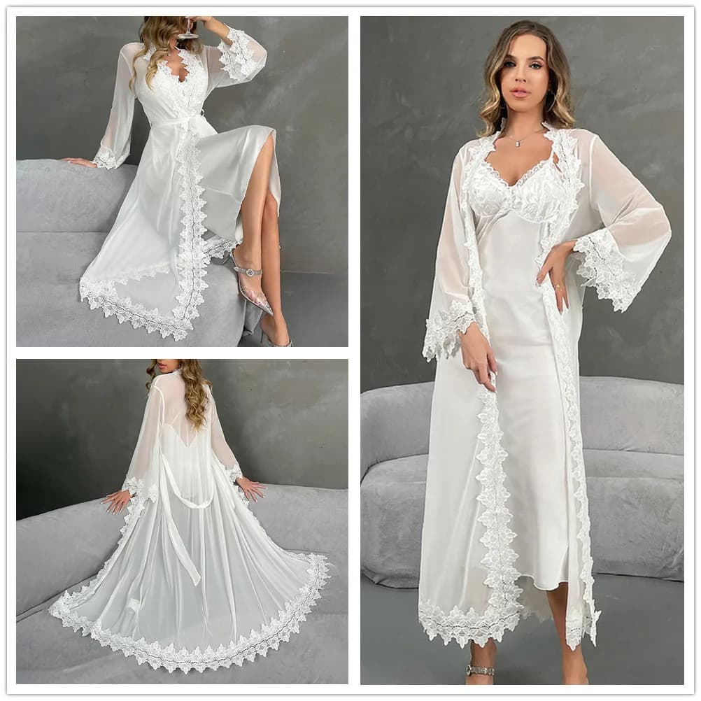 Sexy Lace Embroidery Twinset Robe Set Nightgown Summer Female Mesh Sleepwear Bathrobe Home Dress Loose Loungewear