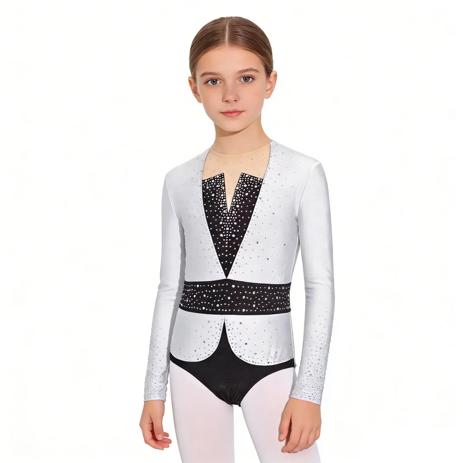 6-16Y Girls Figure Skating Rhythmic Gymnastics Leotard Long Sleeve Shiny Rhinestones Mesh Bodysuit for Ballet Dance Acrobatics