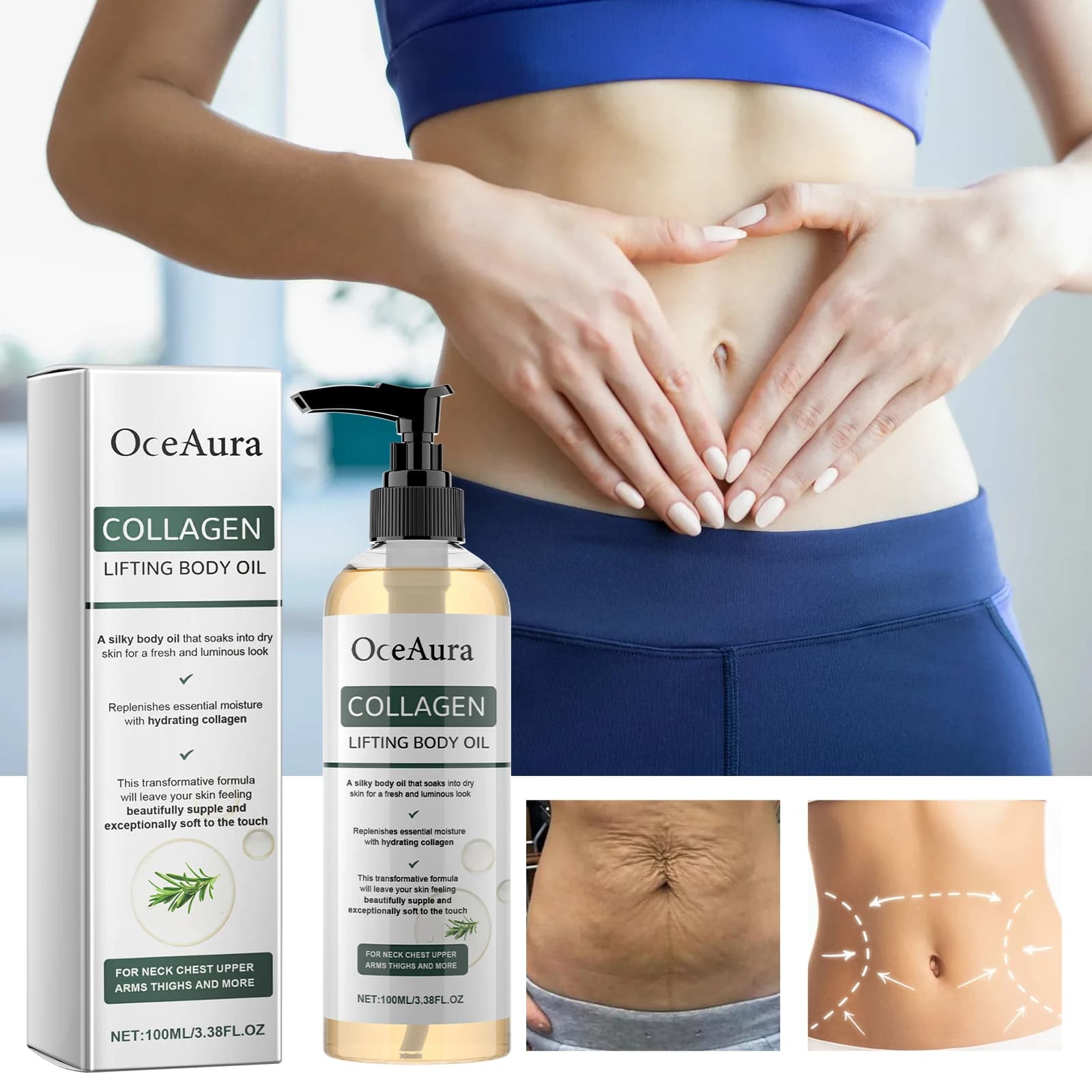 OceAura Olio Corpo al Collagene, Rassoda la Pelle, Anti-Rughe, Idratante, Levigante, Non Untuoso, con Rosmarino, Cura Dopo la Doccia 100ml