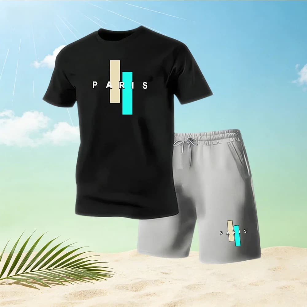 Offerta Speciale: Set da Uomo con T-Shirt a Maniche Corte e Pantaloncini Sportivi, Stampa 'Paris', Casual per Casa e Outdoor, 2 Pezzi Estivi