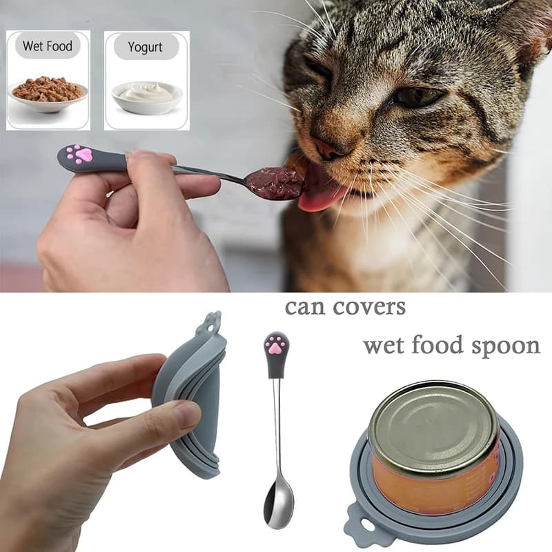 2 Can Lids& 1 Cat Food Can Spoons , Multi-function Can Opener ,Silicone Pet Food Can Covers, Cute Paw Shape Wet Food Spoon