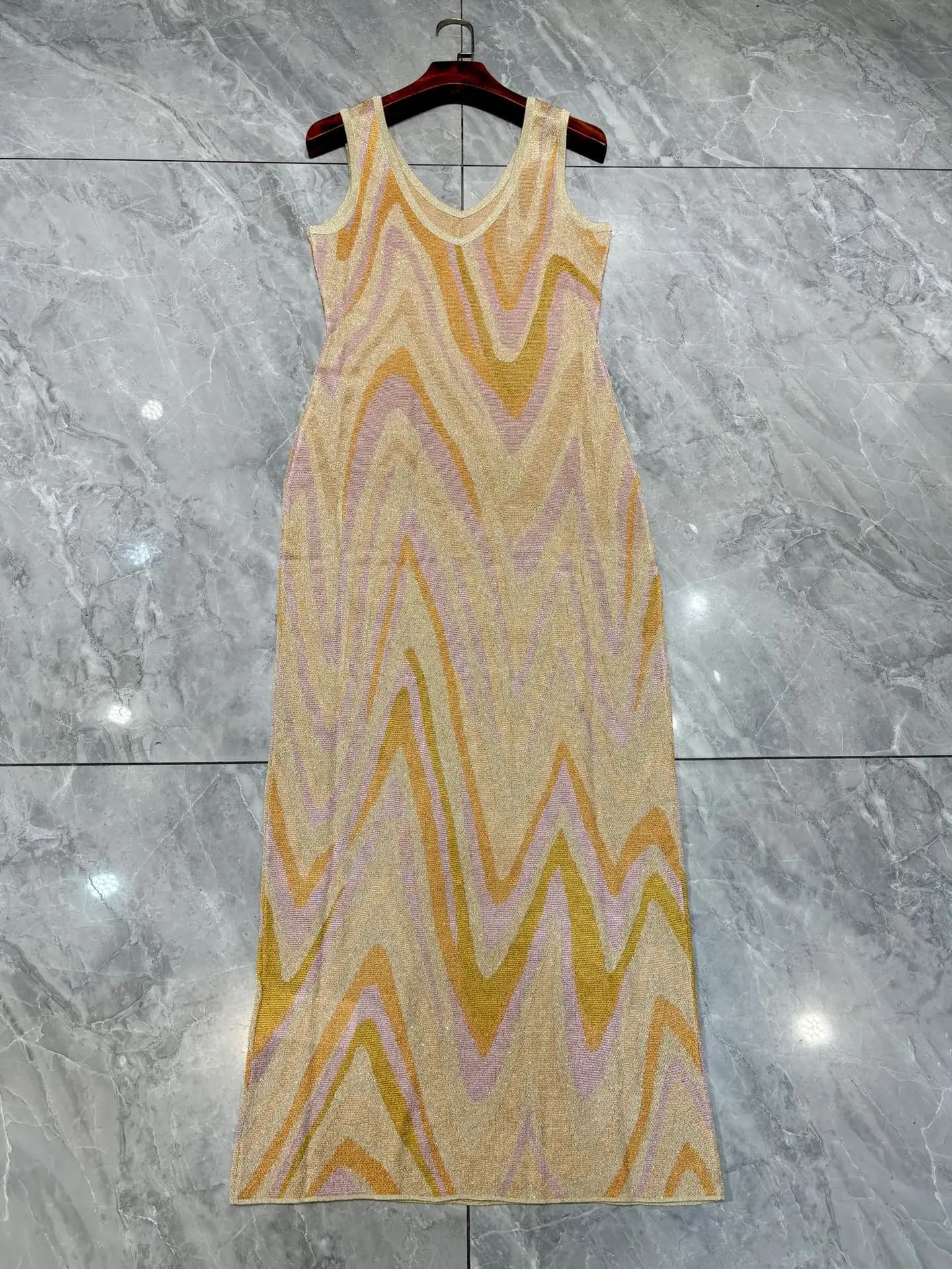 Ladies Gold Metallic Knitted Maxi Dress Zigzag Striped V-Neck High Waist Sleeveless Vintage Female Knit Robe
