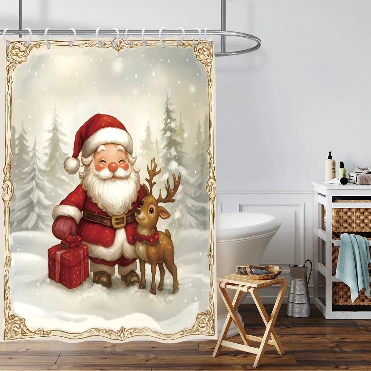 1pc Babbo Natale Stampa Tenda da doccia traforata impermeabile Divisorio per il bagno Privacy Multi dimensioni con 12 ganci Installazione semplice