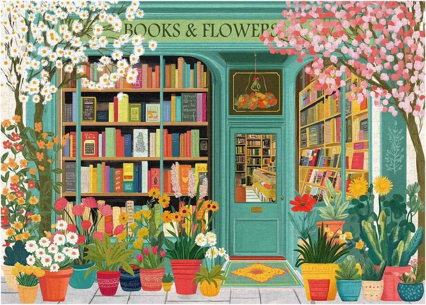 Spring Book Flower Shop Front Jigsaw Puzzle,Pastel Green Bookstore Colorful Potted Plants Cherry Blossom Window Books Wall Decor