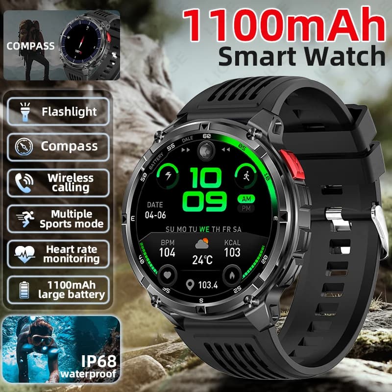 LIGE 2026 Smartwatch con Bussola per Esterni, Batteria da 1100mAh, Resistente IP68, Tracker Sportivo, Torcia Militare