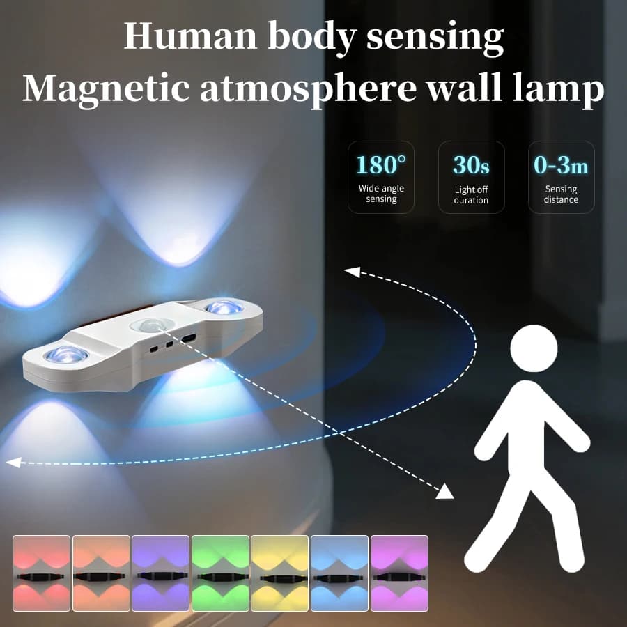 PIR Human Body Sensor LED Wall Lamp Magnetic Night Light USB Rechargeable 3 Color or RGB Cabinet Light for Indoor Stair Decor