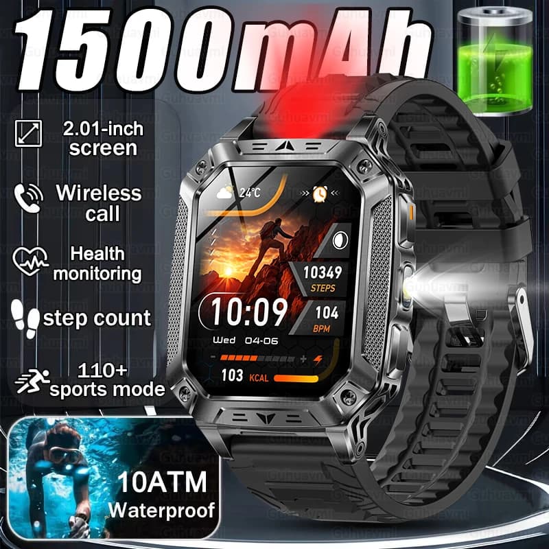 Nuovo Smartwatch Sportivo 2026 con Batteria da 1500mAh, Schermo AMOLED da 2.01", Impermeabile 10ATM, Torcia LED, Allarme SOS, Smartwatch Militare da Uomo