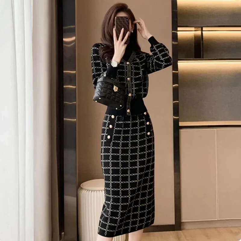 Autumn and Winter Knitted Dress Women Premium Two Piece Wrap Hip Skirt 2023 New Long Sleeve Spring and Autumn Fashion Set Skirt