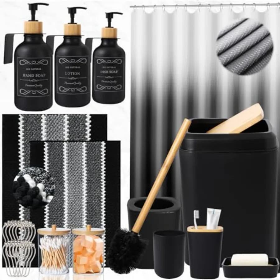 Set Completo di 34 Accessori, con Tenda Doccia, Tappeti, Cestino e Spazzola per WC, 3 Dispenser di Sapone da Parete da 17oz, Inclusi