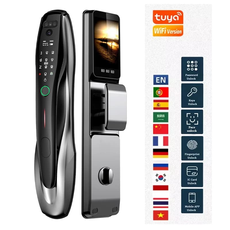Tuya WiFi Intelligent Home Door Lock RF ID Electronic Keyless Entry Front Door with Face Recognition Fingerprint Code And Camera