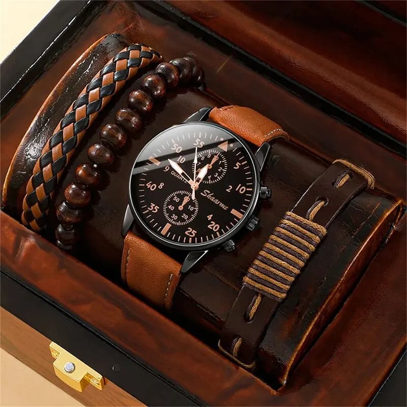 New Men's Watch Luxury Bracelets Set Fashion Business Quartz Wrist Watch Brown Leather for Men Gift Set Relogio Masculine