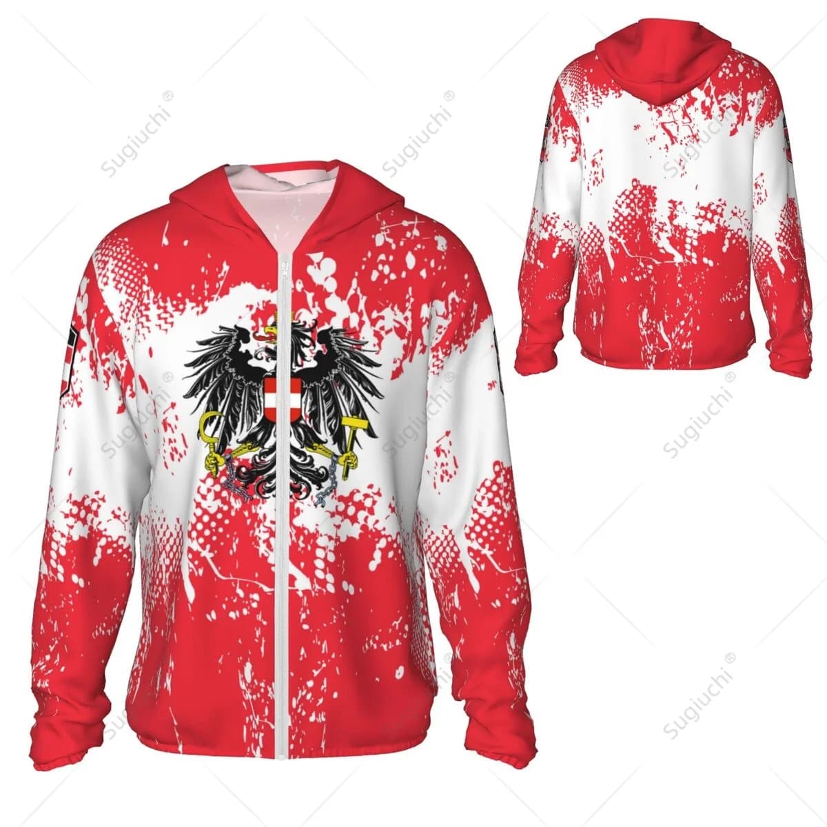 Hoodie Solar Protection Austrian Flag, Anti-UV Clothing for Fishing Cycling Running, Fast Drying, Long Sleeve with Hinge, Polyester