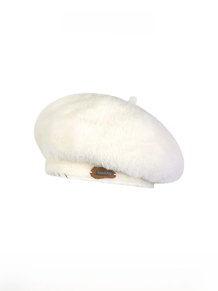 Fashionable White Faux Rabbit Velvet Beret Hat Women's Face Slimming Warm Sweet Painter Cap Casual round Top No Brim Cotton Hat