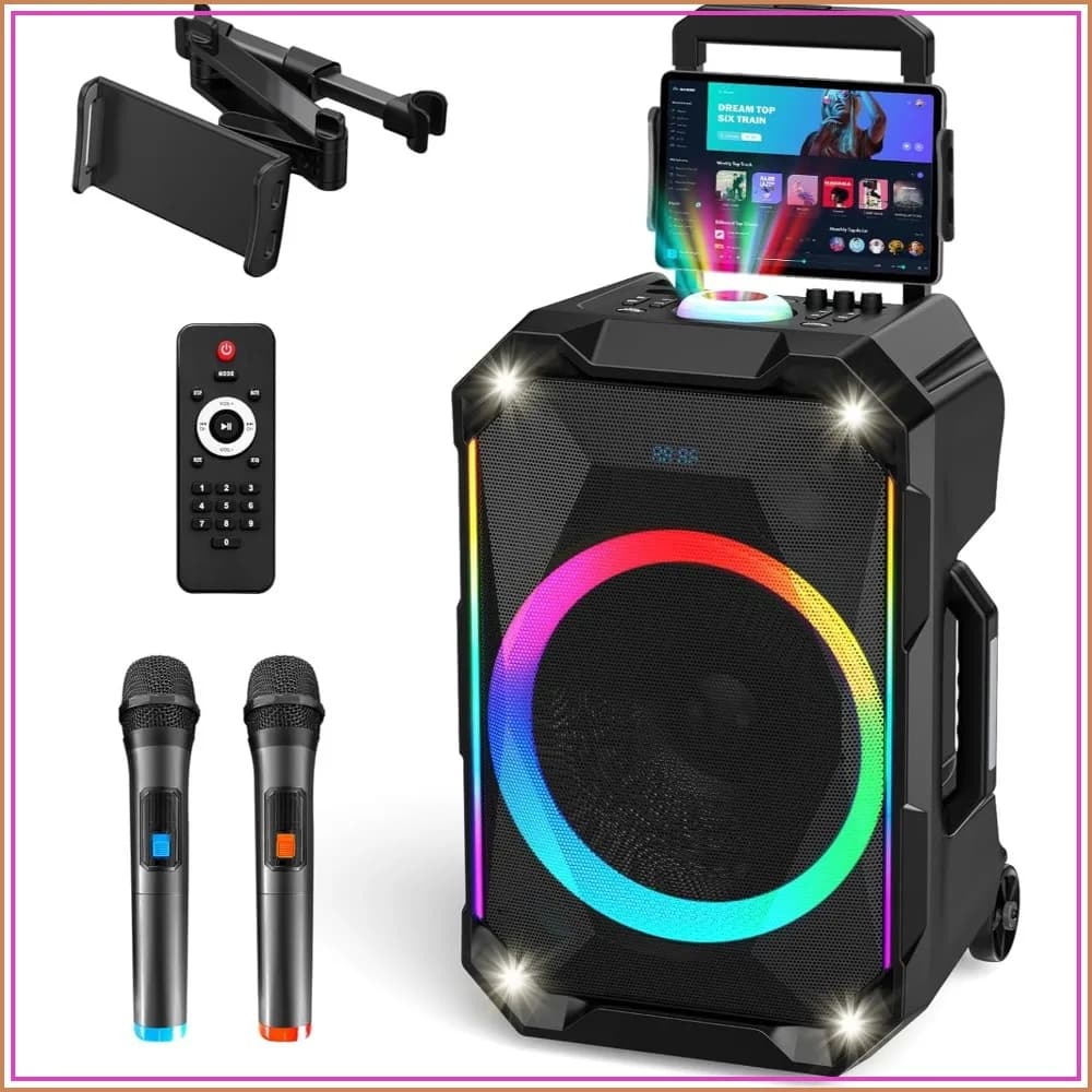 Karaoke Machine with 2 Wireless Mics, Portable Bluetooth Party Speaker with 12" Woofer, PA System Supports USB/TF/FM/AUX