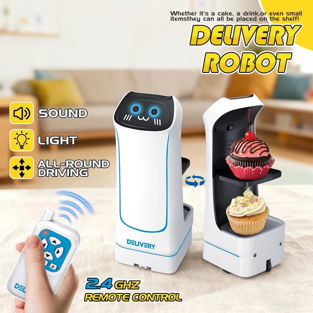 Robot di Consegna Telecomandato, Nuovo Giocattolo RC, Robot Elettrico per Consegna Cibo con Musica e Luci, Gioco di Trasporto, Regalo per Bambini