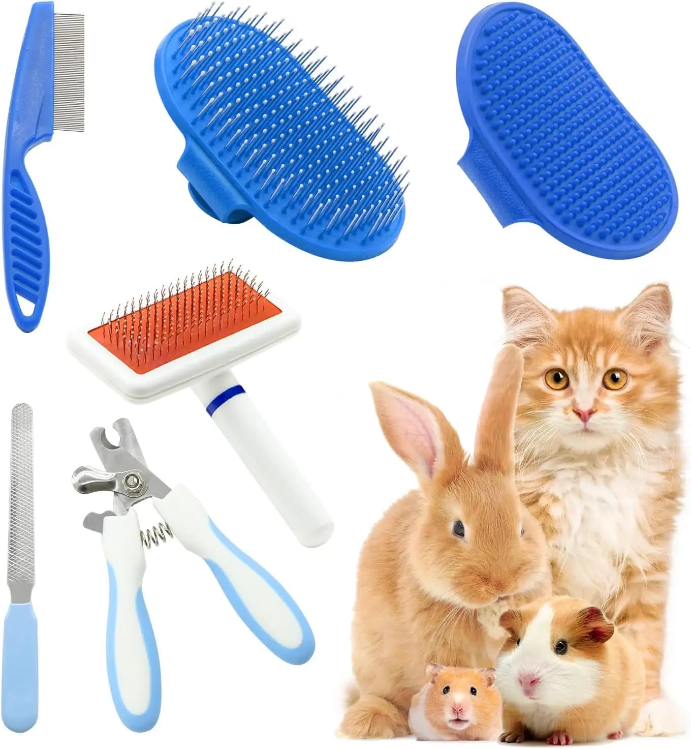 Kit di Toelettatura per Animali Domestici da 6 Pezzi: Spazzola, Guanto Massaggiante, Pettine per la Perdita di Pelo, Tagliaunghie per Animali di Piccola Taglia