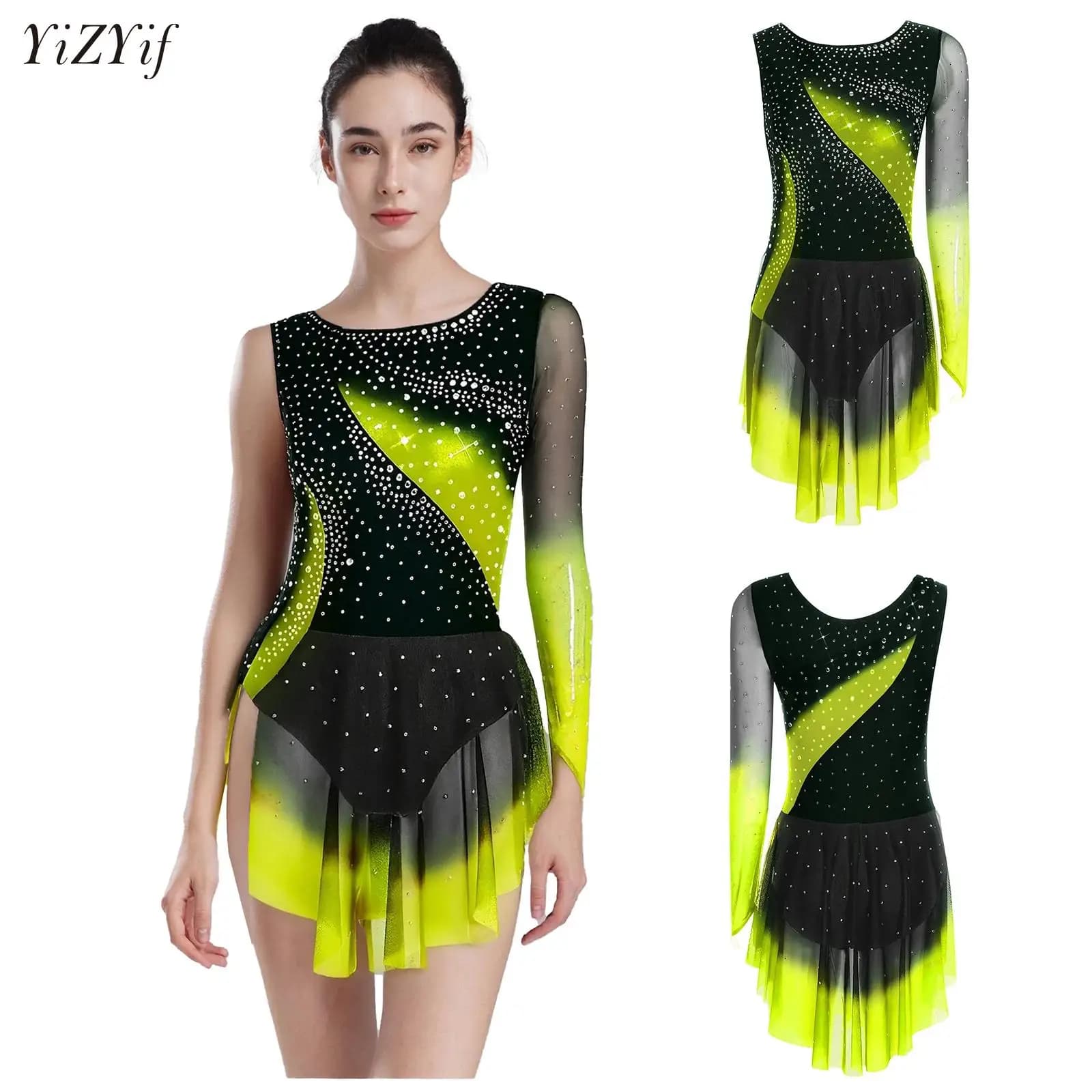 Body da ginnastica ritmica da pattinaggio di figura da donna Abito asimmetrico diviso con strass lucidi Abito con colori a contrasto Abbigliamento da ballerina