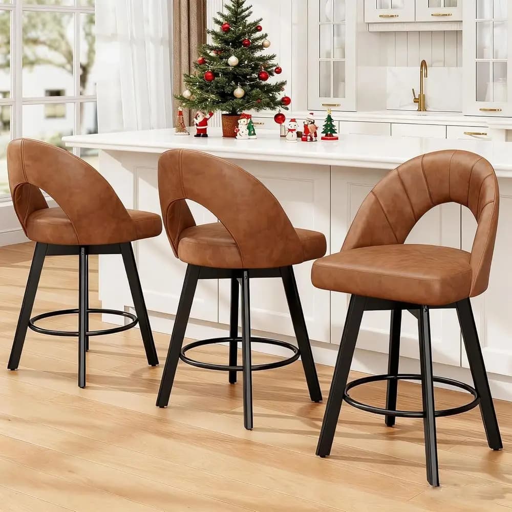 Set di 3, 24 sgabelli da bar girevoli, sedili in pelle PU, schienale curvo, poggiapiedi in legno massello e metallo, colore cammello