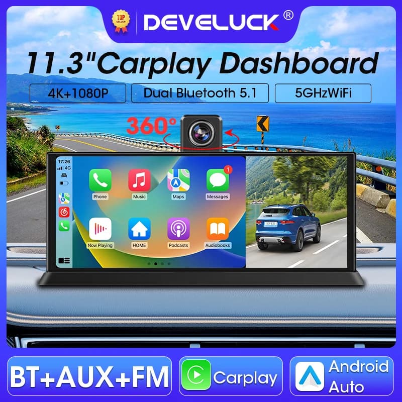 11.3 "DVR for 4K Car Dashboard Wireless Carplay Android Car Touch Screen Dash Cam Dual Len Video Recorder GPS Navigation FM AUX BT