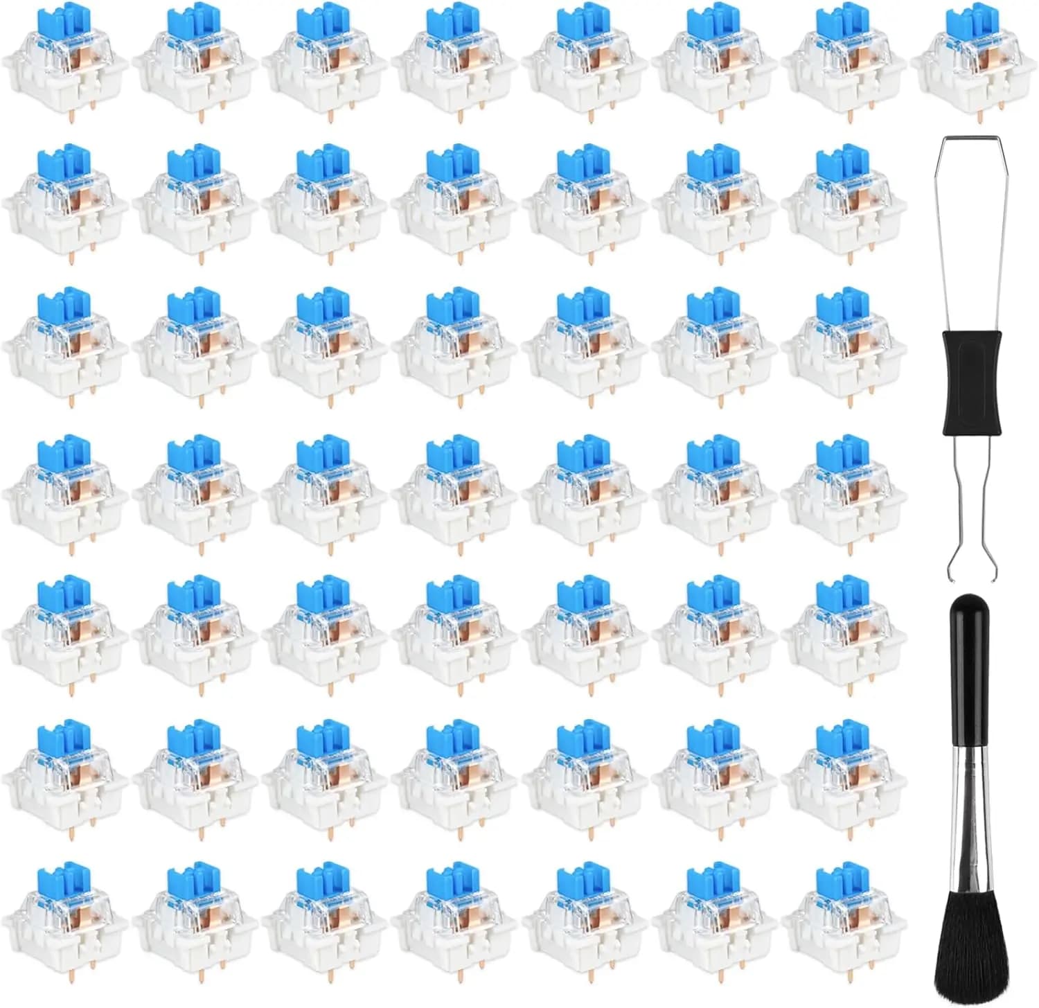 Confezione da 50 interruttori meccanici blu per tastiera, tattili a 3 pin, kit fai da te con estrattore e spazzola
