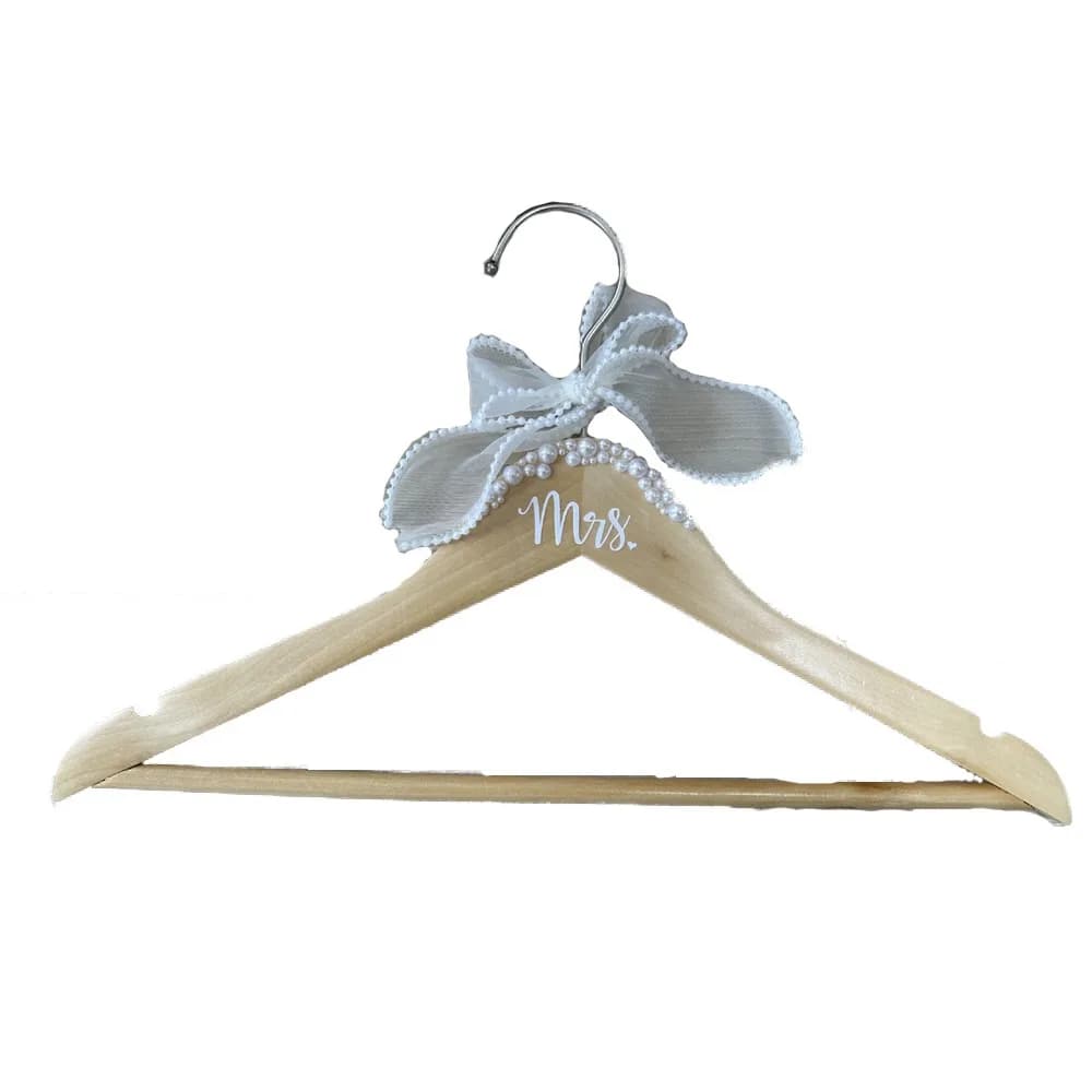 Non-slip Wooden Hanger Space-Saving Ribbon Bow Drying Clothes Rack Adorned with Pearls Decorative Wedding Dress Hanger