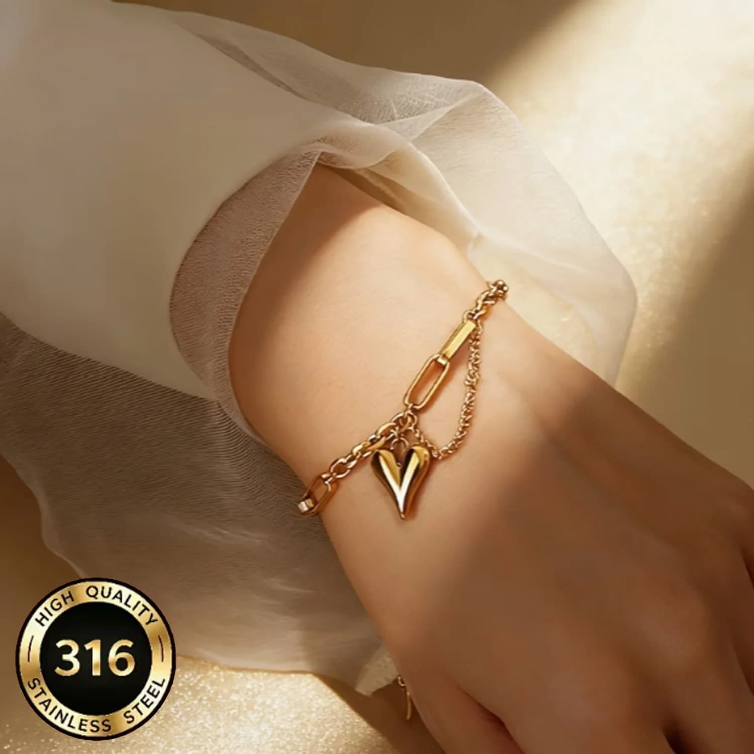 Elegant Heart Women's Bracelet Stainless Steel Gold-Plated Tassel Chain Waterproof Fashion Jewelry Romantic Valentine's Day Gift