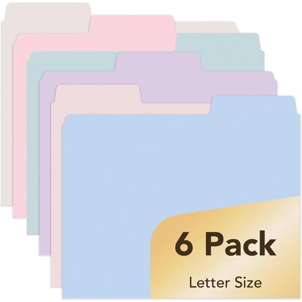 Pastel Colored File Folders Letter Size 1/3 Cut Tab Set of 6 Pack Assorted Colors Office Supplies Organizer for Filing Cabinet School Home and Office Use Pretty Aesthetic Folders for Document Organization with Easy to