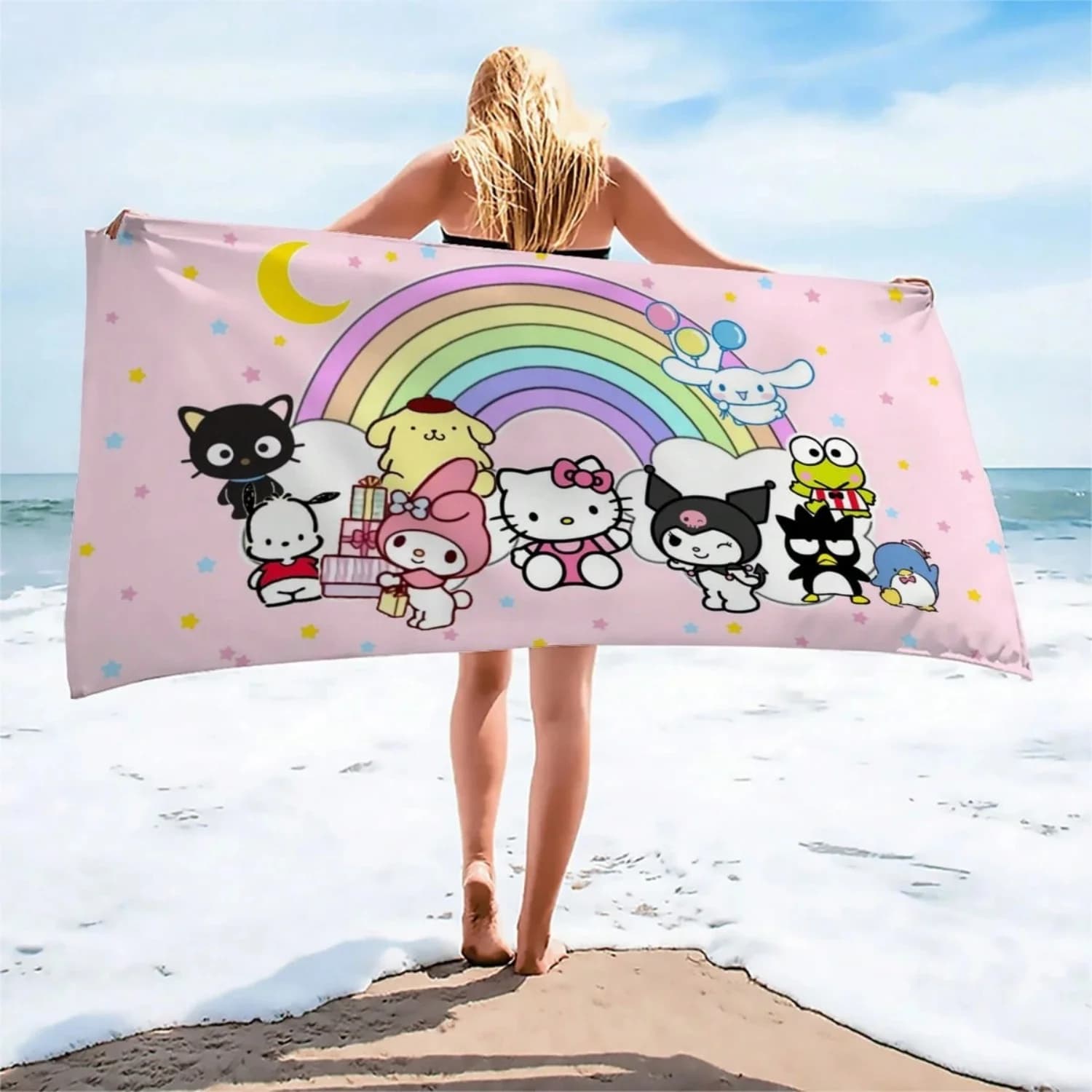 Asciugamano da spiaggia stampato con personaggi dei cartoni animati Hello Kitty, Kuromi, adatto per spiaggia, tappetino da yoga, scialle per protezione solare, viaggi, campeggio