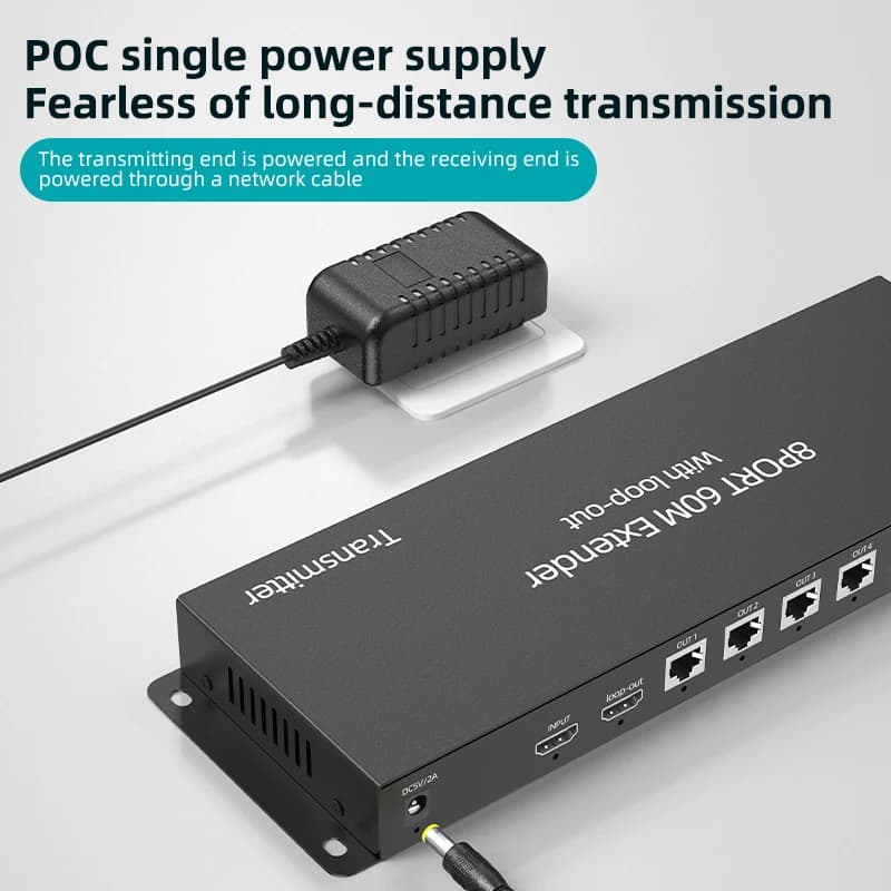 60M 1x8 HDMI Extender Splitter Over Ethernet Cat5e CAT6 Cable RJ45 Video Splitter Transmitter and Receiver Support POC HDMI Loop