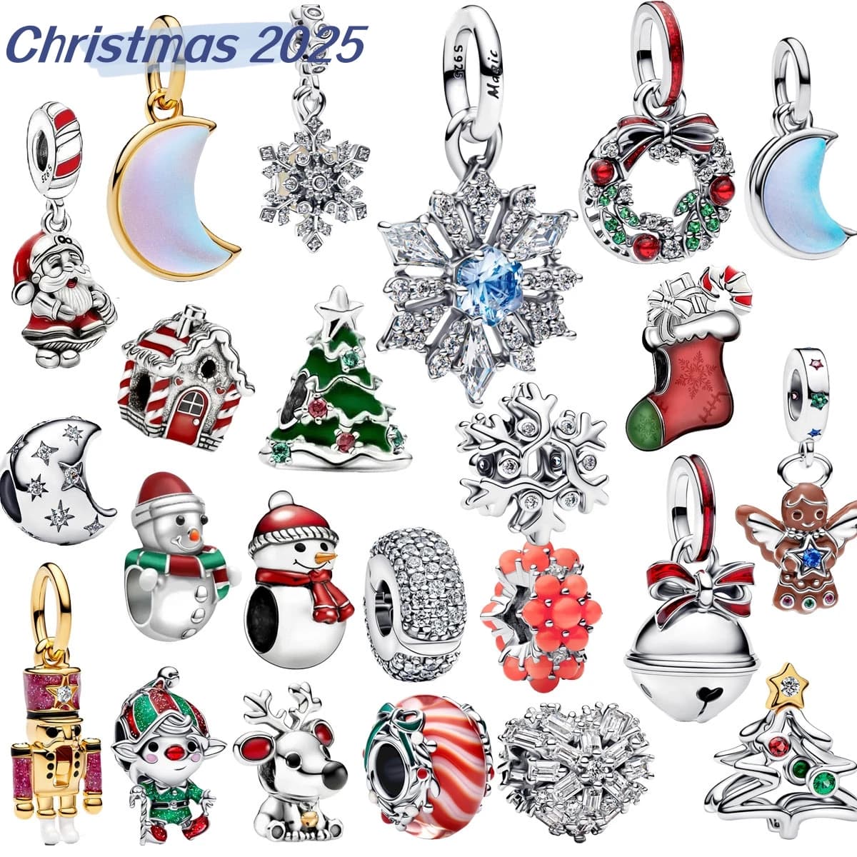 2025 Nuovi ciondoli natalizi in argento sterling 925 Campane di Babbo Natale Calzini Case Alberi Ciondola il fascino adatto al braccialetto originale per il regalo