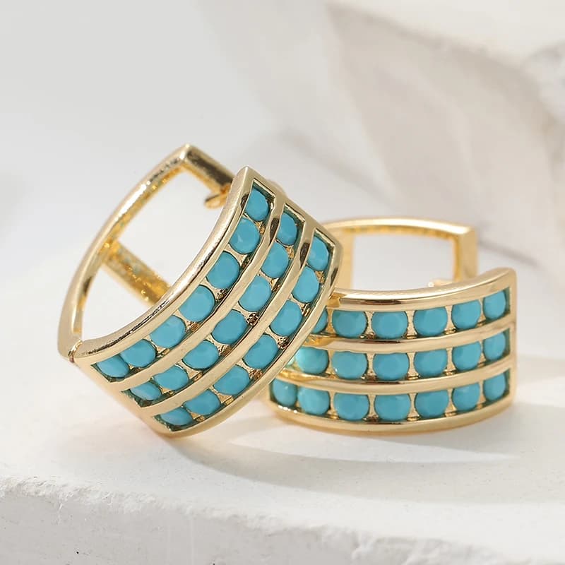 Orecchini a cerchio quadrati con intarsi in turchese blu imitazione per donna, classici, placcati in oro, piccoli, gioielli da matrimonio.