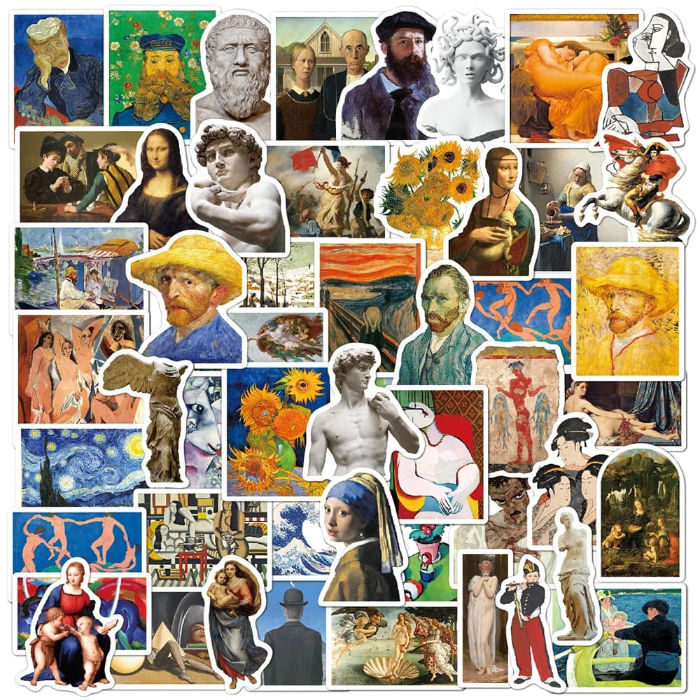 10/30/52pcs Van Gogh Oil Painting Cartoon Stickers Famous Artwork David Mona Lisa Decal DIY Phone Guitar Laptop Graffiti Sticker