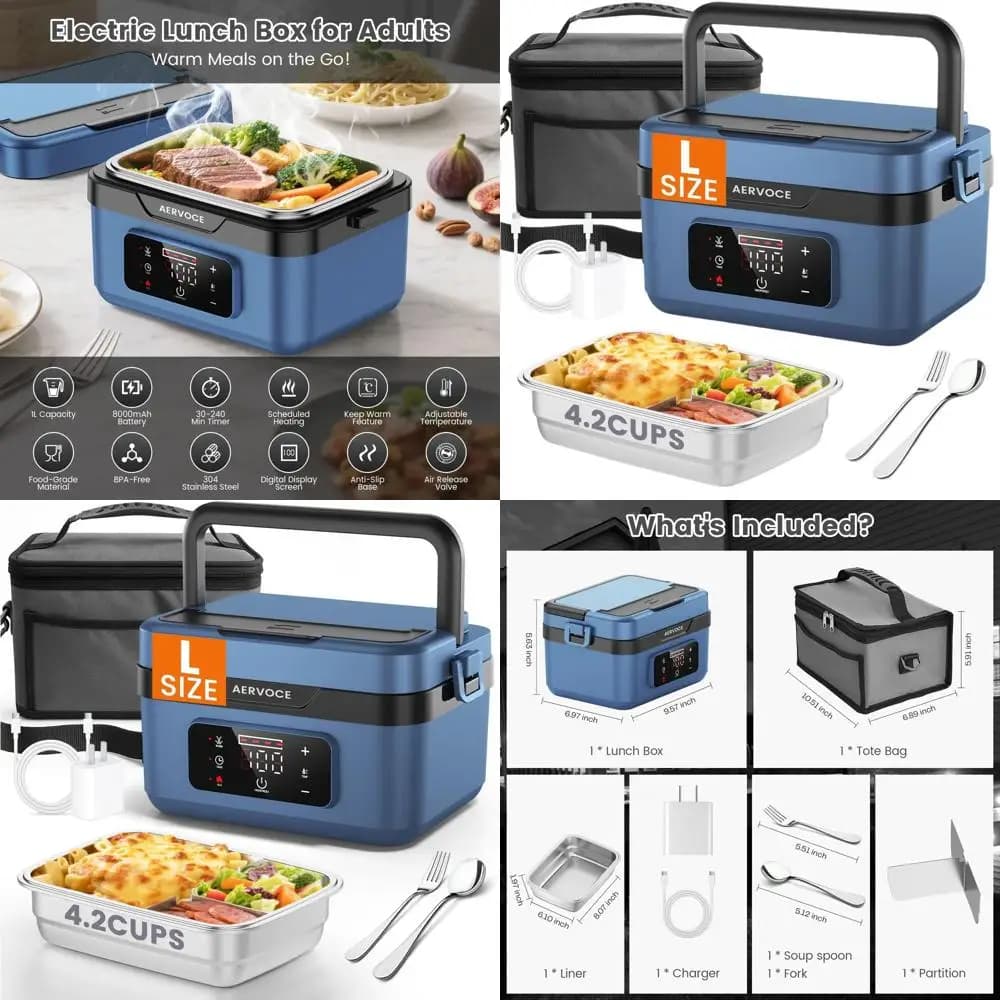 Portapranzo elettrico senza fili da 1 litro - Scaldavivande riscaldato da 8000 mAh per uomini e donne, ideale per auto, ufficio, lavori all'aperto. (Blu)